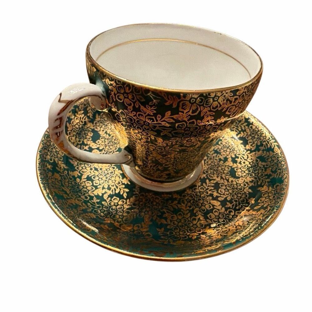 Royal Grafton-bone China-teacup, saucer porcelain Dark green gold floral design